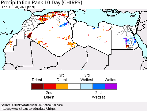 North Africa Precipitation Rank since 1981, 10-Day (CHIRPS) Thematic Map For 2/11/2021 - 2/20/2021