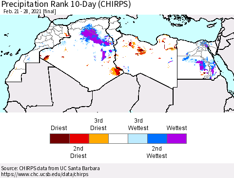 North Africa Precipitation Rank since 1981, 10-Day (CHIRPS) Thematic Map For 2/21/2021 - 2/28/2021