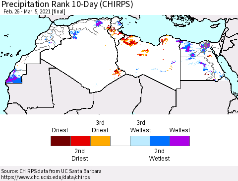 North Africa Precipitation Rank since 1981, 10-Day (CHIRPS) Thematic Map For 2/26/2021 - 3/5/2021