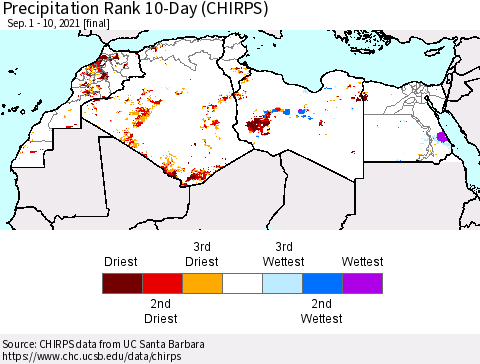 North Africa Precipitation Rank since 1981, 10-Day (CHIRPS) Thematic Map For 9/1/2021 - 9/10/2021
