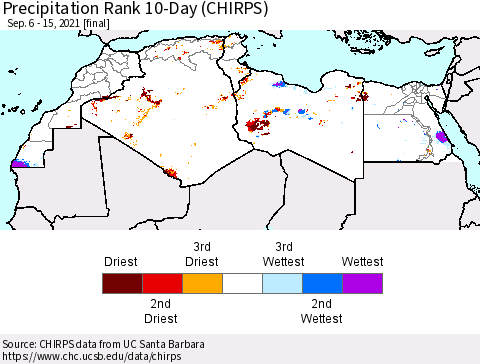 North Africa Precipitation Rank since 1981, 10-Day (CHIRPS) Thematic Map For 9/6/2021 - 9/15/2021