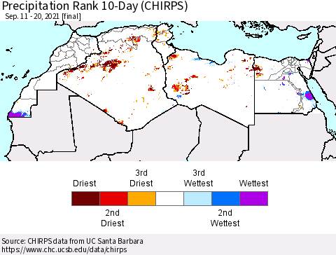 North Africa Precipitation Rank since 1981, 10-Day (CHIRPS) Thematic Map For 9/11/2021 - 9/20/2021