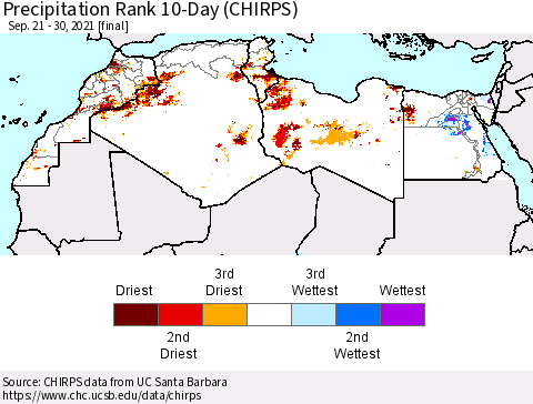 North Africa Precipitation Rank since 1981, 10-Day (CHIRPS) Thematic Map For 9/21/2021 - 9/30/2021