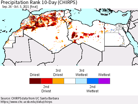 North Africa Precipitation Rank since 1981, 10-Day (CHIRPS) Thematic Map For 9/26/2021 - 10/5/2021