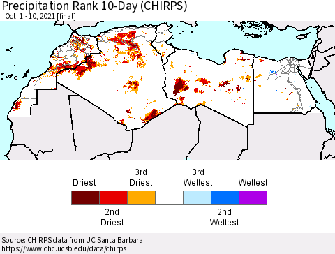North Africa Precipitation Rank since 1981, 10-Day (CHIRPS) Thematic Map For 10/1/2021 - 10/10/2021