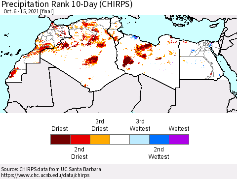 North Africa Precipitation Rank since 1981, 10-Day (CHIRPS) Thematic Map For 10/6/2021 - 10/15/2021