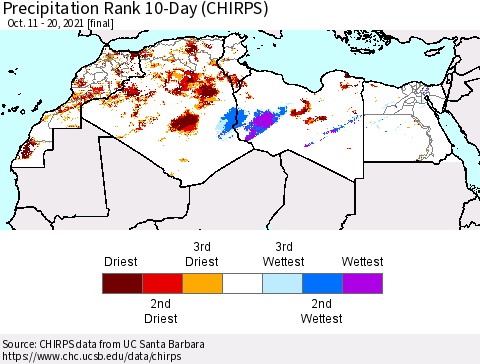 North Africa Precipitation Rank since 1981, 10-Day (CHIRPS) Thematic Map For 10/11/2021 - 10/20/2021