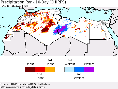 North Africa Precipitation Rank since 1981, 10-Day (CHIRPS) Thematic Map For 10/16/2021 - 10/25/2021