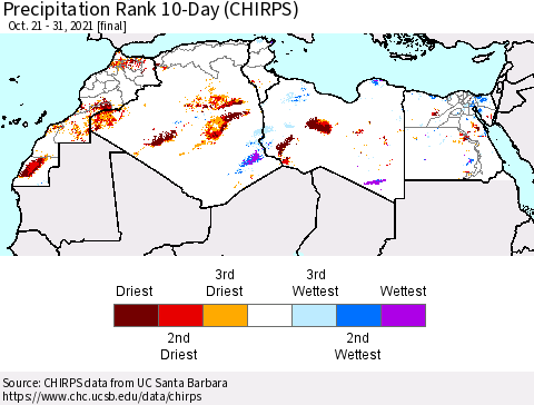 North Africa Precipitation Rank since 1981, 10-Day (CHIRPS) Thematic Map For 10/21/2021 - 10/31/2021