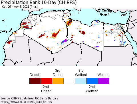 North Africa Precipitation Rank since 1981, 10-Day (CHIRPS) Thematic Map For 10/26/2021 - 11/5/2021