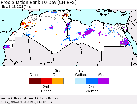 North Africa Precipitation Rank since 1981, 10-Day (CHIRPS) Thematic Map For 11/6/2021 - 11/15/2021