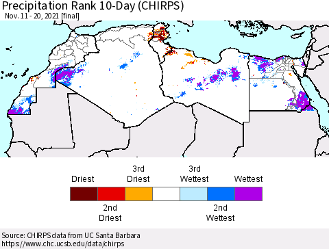 North Africa Precipitation Rank since 1981, 10-Day (CHIRPS) Thematic Map For 11/11/2021 - 11/20/2021