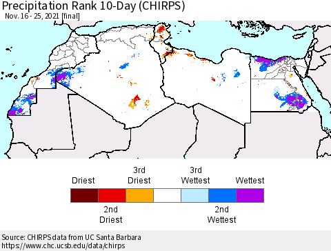 North Africa Precipitation Rank since 1981, 10-Day (CHIRPS) Thematic Map For 11/16/2021 - 11/25/2021