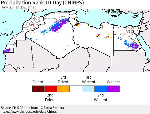 North Africa Precipitation Rank since 1981, 10-Day (CHIRPS) Thematic Map For 11/21/2021 - 11/30/2021