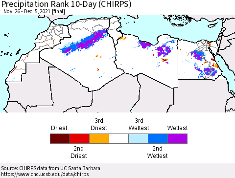 North Africa Precipitation Rank since 1981, 10-Day (CHIRPS) Thematic Map For 11/26/2021 - 12/5/2021