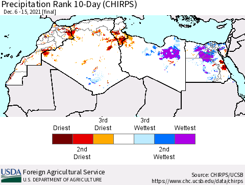 North Africa Precipitation Rank since 1981, 10-Day (CHIRPS) Thematic Map For 12/6/2021 - 12/15/2021