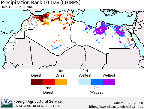 North Africa Precipitation Rank since 1981, 10-Day (CHIRPS) Thematic Map For 12/11/2021 - 12/20/2021