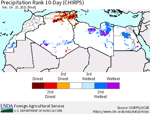 North Africa Precipitation Rank since 1981, 10-Day (CHIRPS) Thematic Map For 12/16/2021 - 12/25/2021