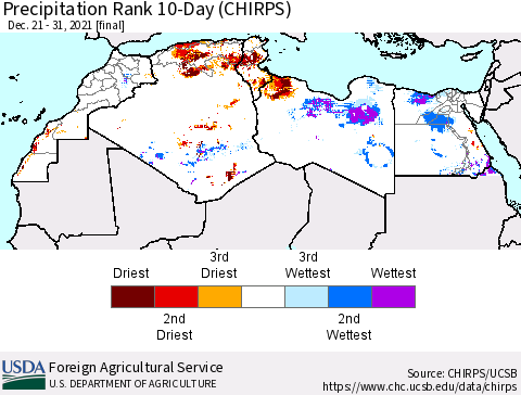 North Africa Precipitation Rank since 1981, 10-Day (CHIRPS) Thematic Map For 12/21/2021 - 12/31/2021