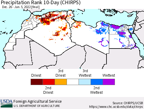 North Africa Precipitation Rank since 1981, 10-Day (CHIRPS) Thematic Map For 12/26/2021 - 1/5/2022