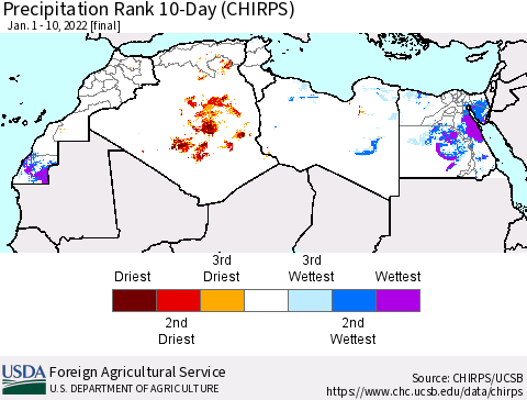 North Africa Precipitation Rank since 1981, 10-Day (CHIRPS) Thematic Map For 1/1/2022 - 1/10/2022