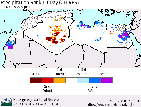 North Africa Precipitation Rank since 1981, 10-Day (CHIRPS) Thematic Map For 1/6/2022 - 1/15/2022