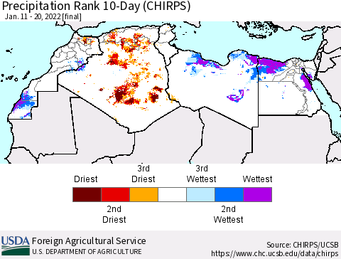 North Africa Precipitation Rank since 1981, 10-Day (CHIRPS) Thematic Map For 1/11/2022 - 1/20/2022