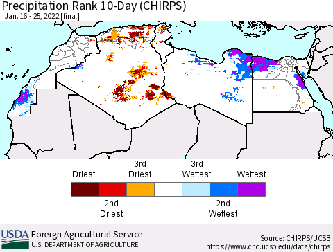 North Africa Precipitation Rank since 1981, 10-Day (CHIRPS) Thematic Map For 1/16/2022 - 1/25/2022