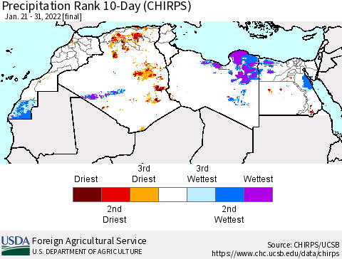 North Africa Precipitation Rank since 1981, 10-Day (CHIRPS) Thematic Map For 1/21/2022 - 1/31/2022
