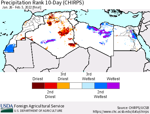 North Africa Precipitation Rank since 1981, 10-Day (CHIRPS) Thematic Map For 1/26/2022 - 2/5/2022