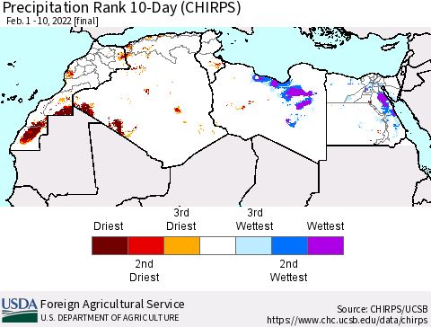 North Africa Precipitation Rank since 1981, 10-Day (CHIRPS) Thematic Map For 2/1/2022 - 2/10/2022