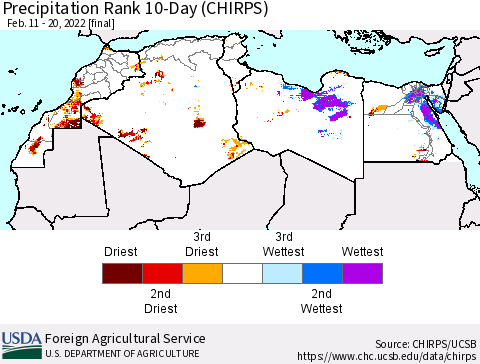 North Africa Precipitation Rank since 1981, 10-Day (CHIRPS) Thematic Map For 2/11/2022 - 2/20/2022