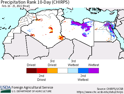 North Africa Precipitation Rank since 1981, 10-Day (CHIRPS) Thematic Map For 2/16/2022 - 2/25/2022