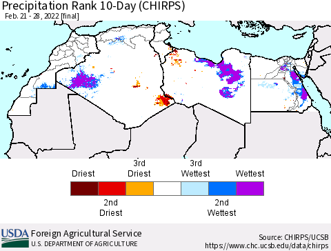 North Africa Precipitation Rank since 1981, 10-Day (CHIRPS) Thematic Map For 2/21/2022 - 2/28/2022