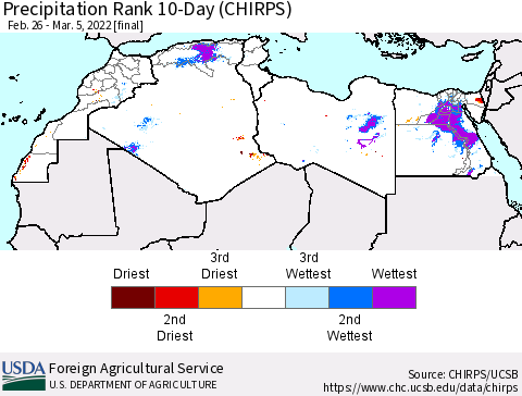 North Africa Precipitation Rank since 1981, 10-Day (CHIRPS) Thematic Map For 2/26/2022 - 3/5/2022