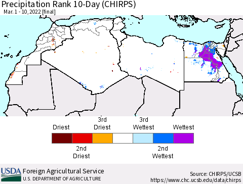 North Africa Precipitation Rank since 1981, 10-Day (CHIRPS) Thematic Map For 3/1/2022 - 3/10/2022