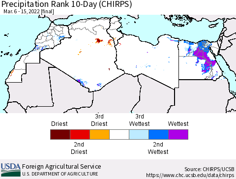 North Africa Precipitation Rank since 1981, 10-Day (CHIRPS) Thematic Map For 3/6/2022 - 3/15/2022