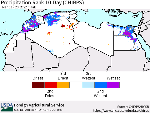 North Africa Precipitation Rank since 1981, 10-Day (CHIRPS) Thematic Map For 3/11/2022 - 3/20/2022