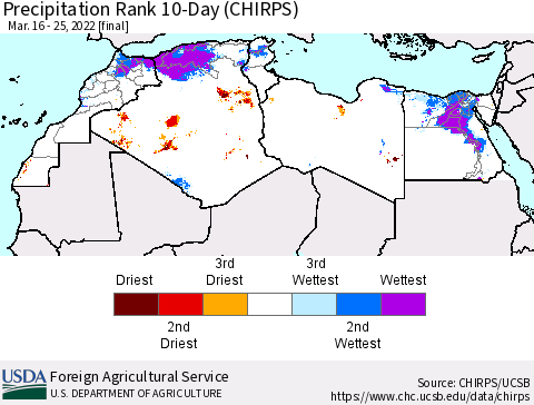 North Africa Precipitation Rank since 1981, 10-Day (CHIRPS) Thematic Map For 3/16/2022 - 3/25/2022