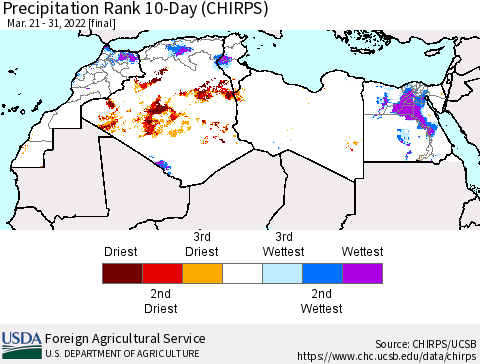 North Africa Precipitation Rank since 1981, 10-Day (CHIRPS) Thematic Map For 3/21/2022 - 3/31/2022