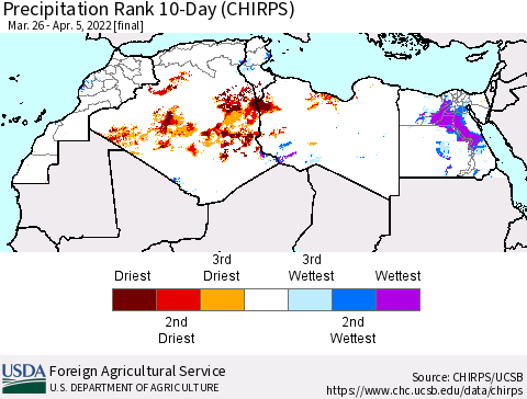 North Africa Precipitation Rank since 1981, 10-Day (CHIRPS) Thematic Map For 3/26/2022 - 4/5/2022