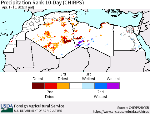 North Africa Precipitation Rank since 1981, 10-Day (CHIRPS) Thematic Map For 4/1/2022 - 4/10/2022