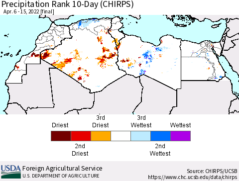 North Africa Precipitation Rank since 1981, 10-Day (CHIRPS) Thematic Map For 4/6/2022 - 4/15/2022