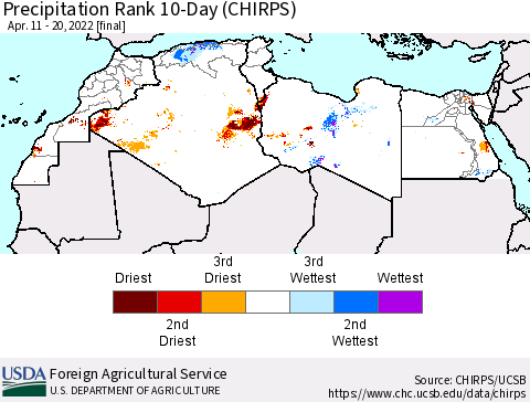 North Africa Precipitation Rank since 1981, 10-Day (CHIRPS) Thematic Map For 4/11/2022 - 4/20/2022