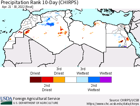North Africa Precipitation Rank since 1981, 10-Day (CHIRPS) Thematic Map For 4/21/2022 - 4/30/2022