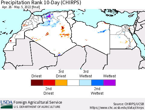 North Africa Precipitation Rank since 1981, 10-Day (CHIRPS) Thematic Map For 4/26/2022 - 5/5/2022