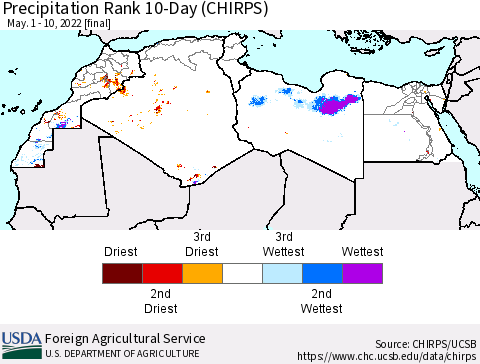 North Africa Precipitation Rank since 1981, 10-Day (CHIRPS) Thematic Map For 5/1/2022 - 5/10/2022