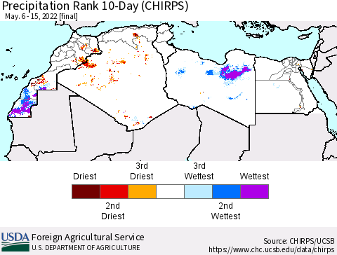 North Africa Precipitation Rank since 1981, 10-Day (CHIRPS) Thematic Map For 5/6/2022 - 5/15/2022