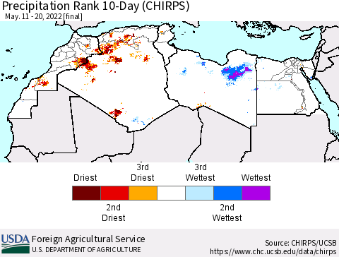 North Africa Precipitation Rank since 1981, 10-Day (CHIRPS) Thematic Map For 5/11/2022 - 5/20/2022
