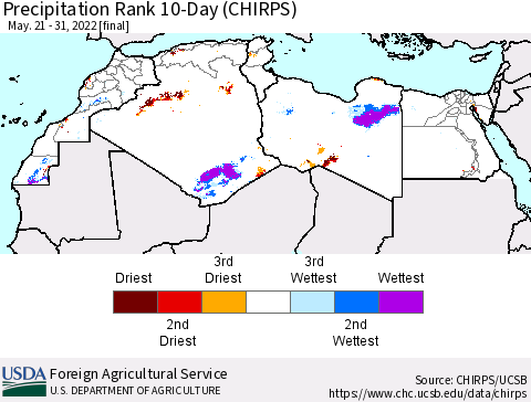 North Africa Precipitation Rank since 1981, 10-Day (CHIRPS) Thematic Map For 5/21/2022 - 5/31/2022